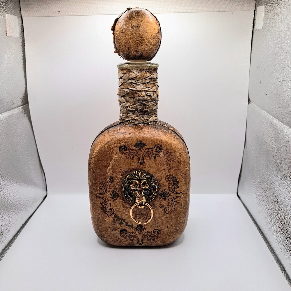 Vintage Leather Wrapped Italian Decanter with Lion